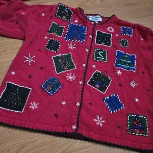 VTG Women's Sz Medium Button Up Christmas Ugly Sweater Ramie Cotton Boxy *Flawed